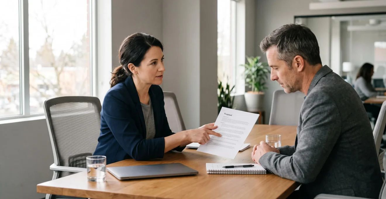 Une consultante indépendante présente une proposition imprimée à un client lors d'une réunion en bureau.