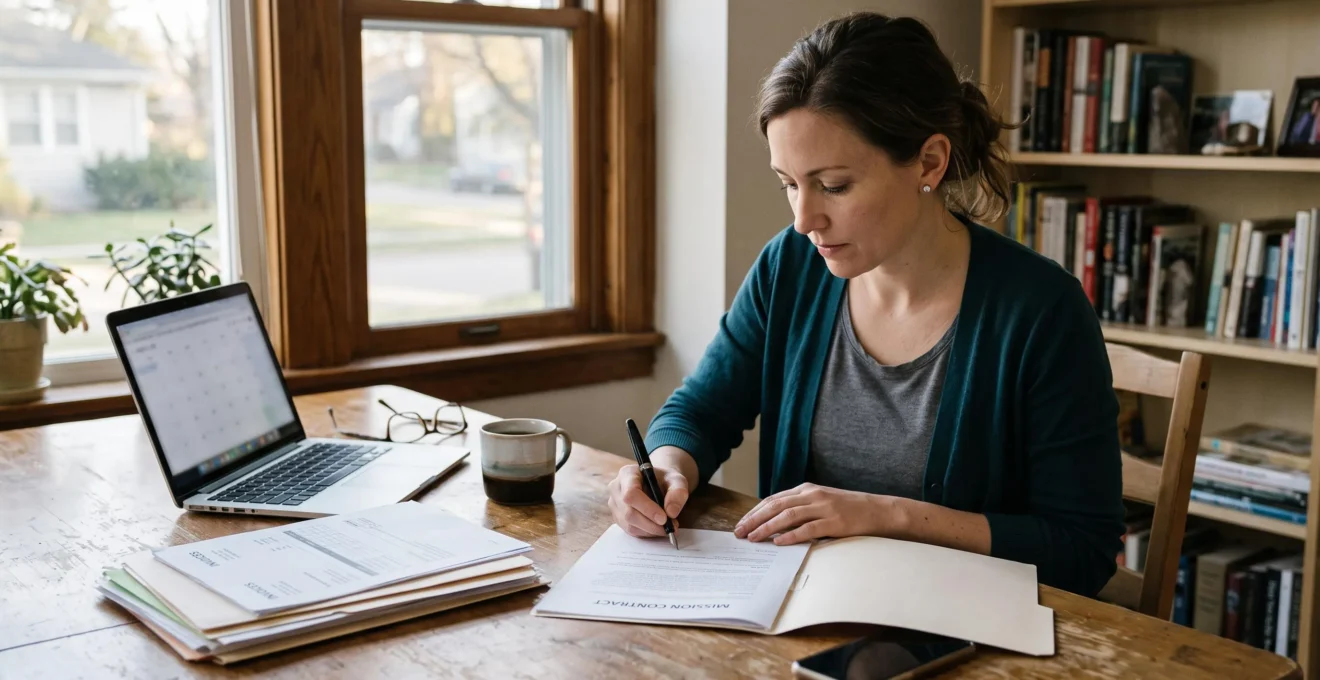 Une consultante indépendante signe un contrat de mission à sa table de travail, entourée d'un ordinateur portable et de documents.