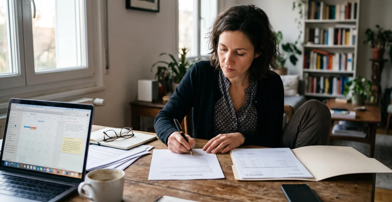 Une consultante indépendante signe un contrat de mission à sa table de travail, entourée d'un ordinateur portable et de documents.