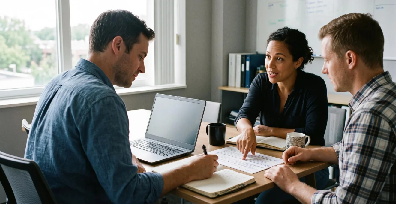 Une consultante indépendante fait un débriefing de fin de mission avec deux collaborateurs de l'entreprise cliente autour d'une table de réunion.