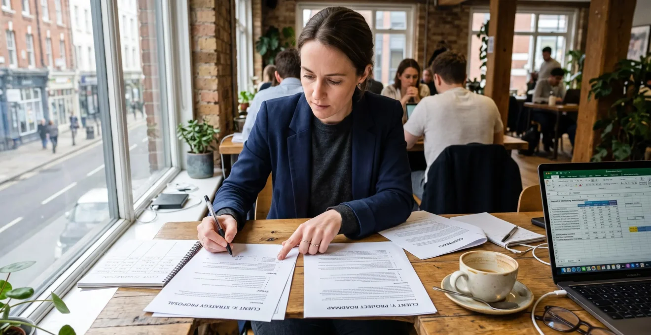 Une consultante indépendante compare deux propositions de mission imprimées et ajuste sa grille tarifaire sur un carnet dans un espace de coworking.