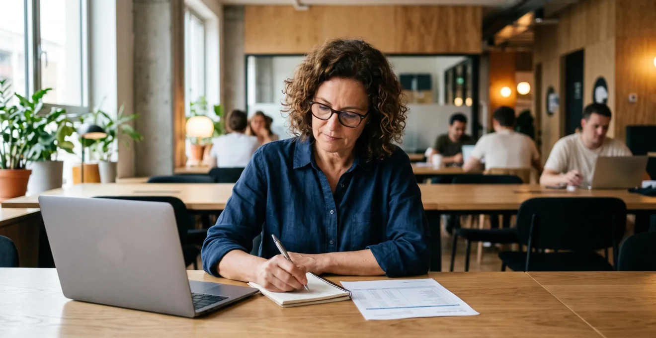 Un travailleur indépendant rédige des notes à son bureau dans un espace de coworking lumineux, un document administratif posé à côté de son ordinateur portable.