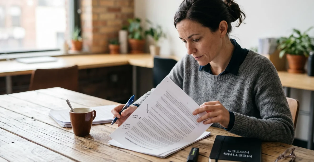 Une consultante indépendante relit attentivement son contrat de travail posé sur une table dans un espace de travail lumineux.