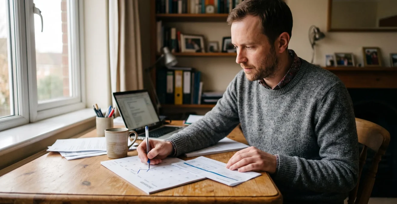 Un consultant indépendant marque des semaines sur un calendrier annuel posé à côté de son bulletin de salaire sur son bureau.