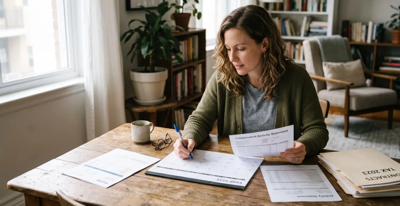 Une consultante assise à une table en bois compare des documents administratifs et note des dates de transition sur un calendrier papier.