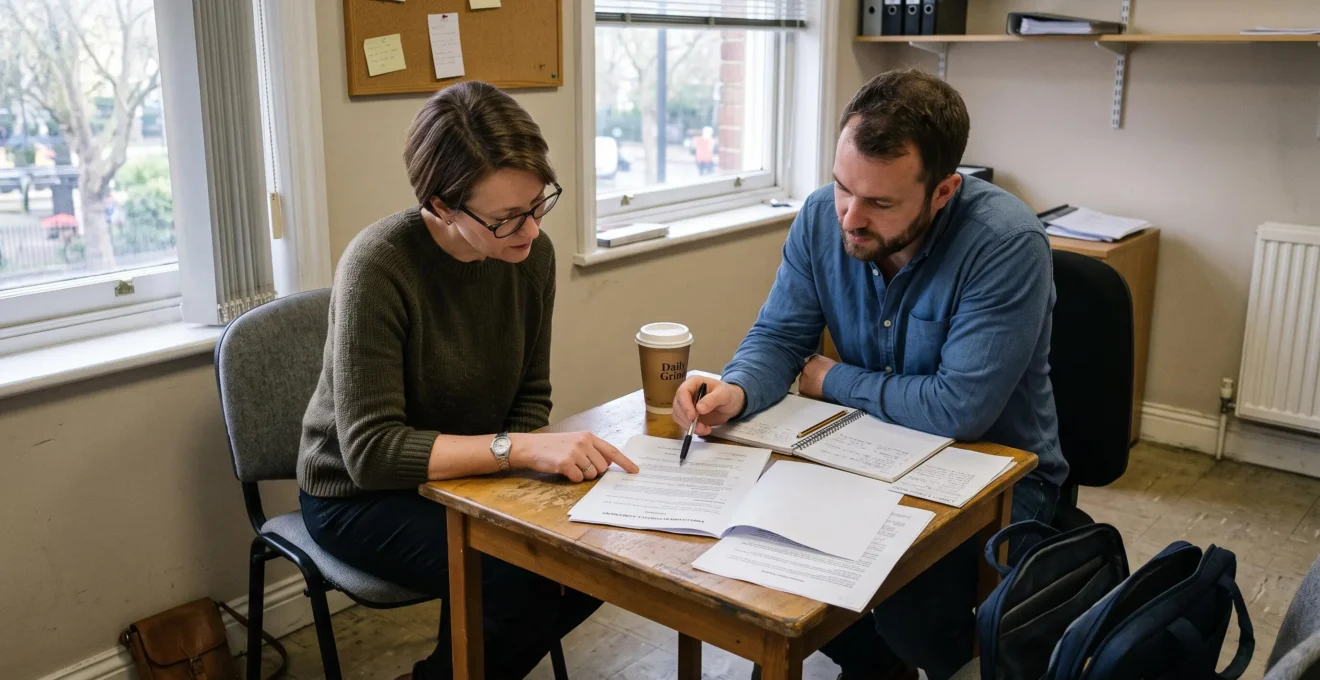 Un consultant indépendant examine avec un conseiller une clause de son contrat de portage salarial, penchés sur le document posé entre eux sur la table.