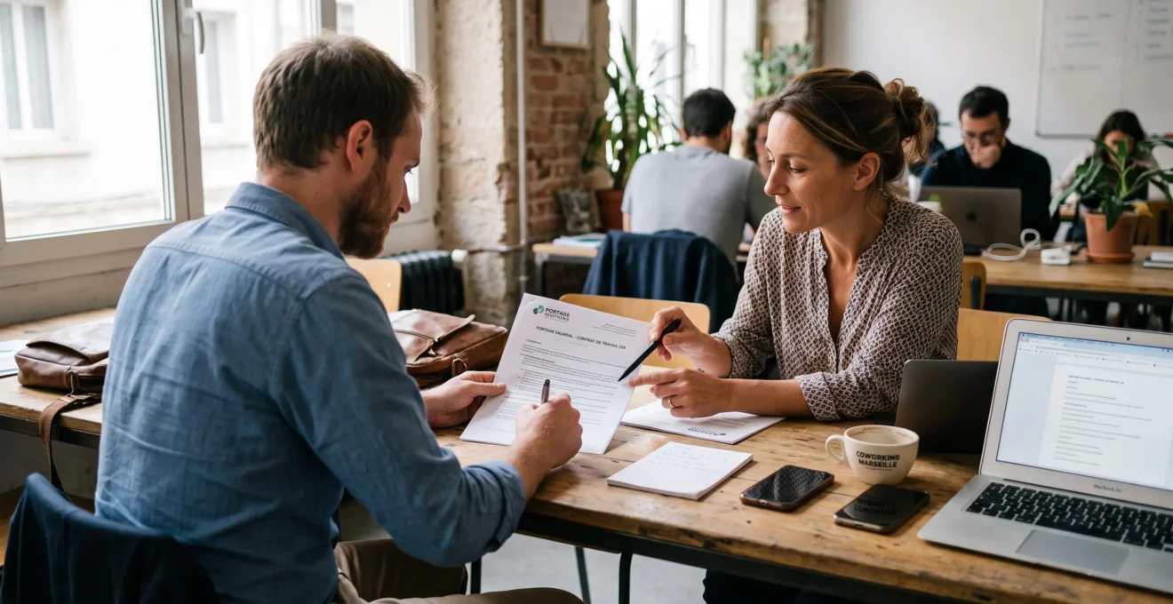 Un consultant indépendant signe un contrat avec une représentante d'une société de portage salarial autour d'une table de coworking.